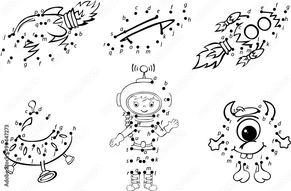 Obraz premium Cartoon astronaut, alien, rockets and planets. Vector illustrati
