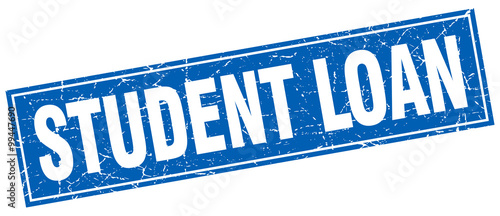 student loan blue square grunge stamp on white