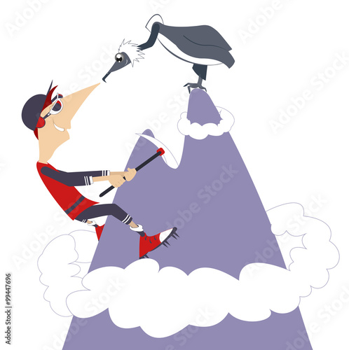 Climber. Man climbing the mountain and meeting an eagle
