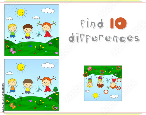 Boys and girl on a flower meadow. Educational game for kids: fin