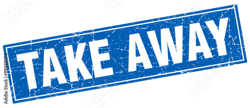 take away blue square grunge stamp on white