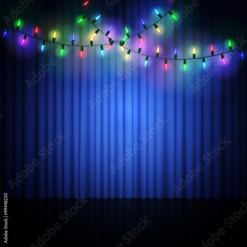Empty scene with stage curtain and light garland