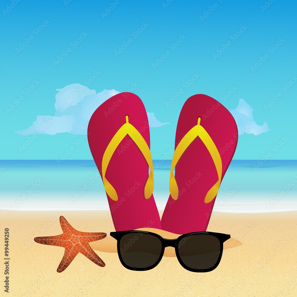 Summer accessories: flip flops and sunglasses on tropical sunny beach. Summer vacation concept background. EPS10 vector illustration
