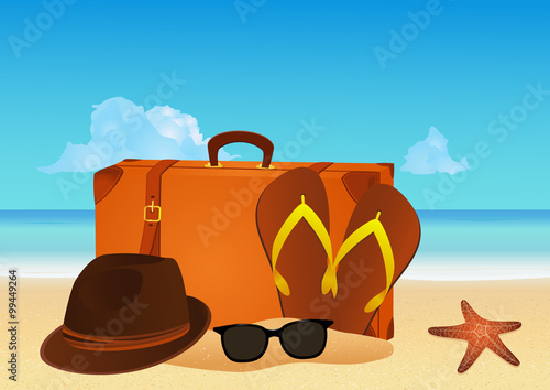 Male summer accessories: sun hat, sunglasses, flip flops and suitcase on tropical beach. Summer vacation concept background. Vector illustration