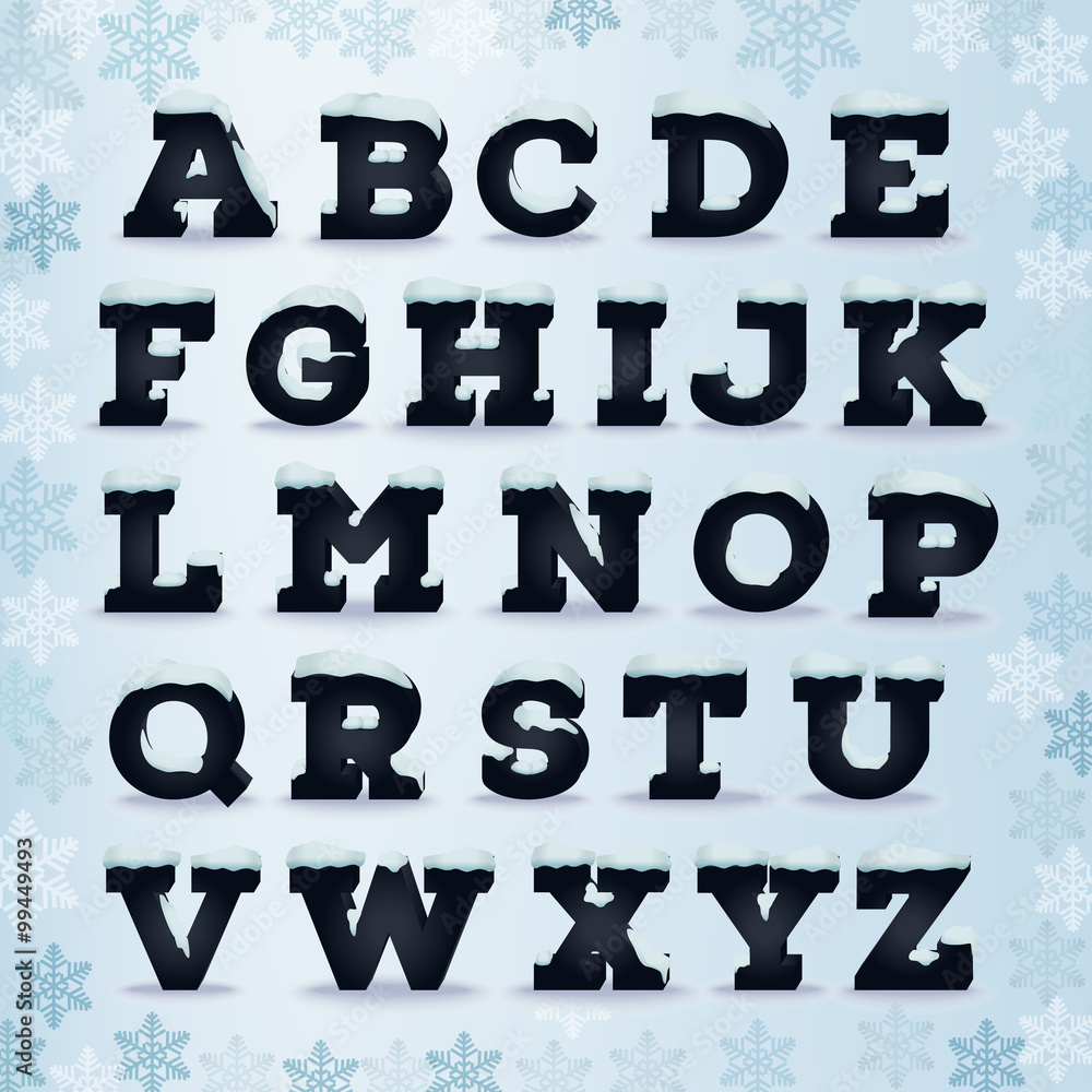 Winter black latin alphabet with snow cap effect. Part 1. Letters. EPS 10 vector illustration, transparent shadow