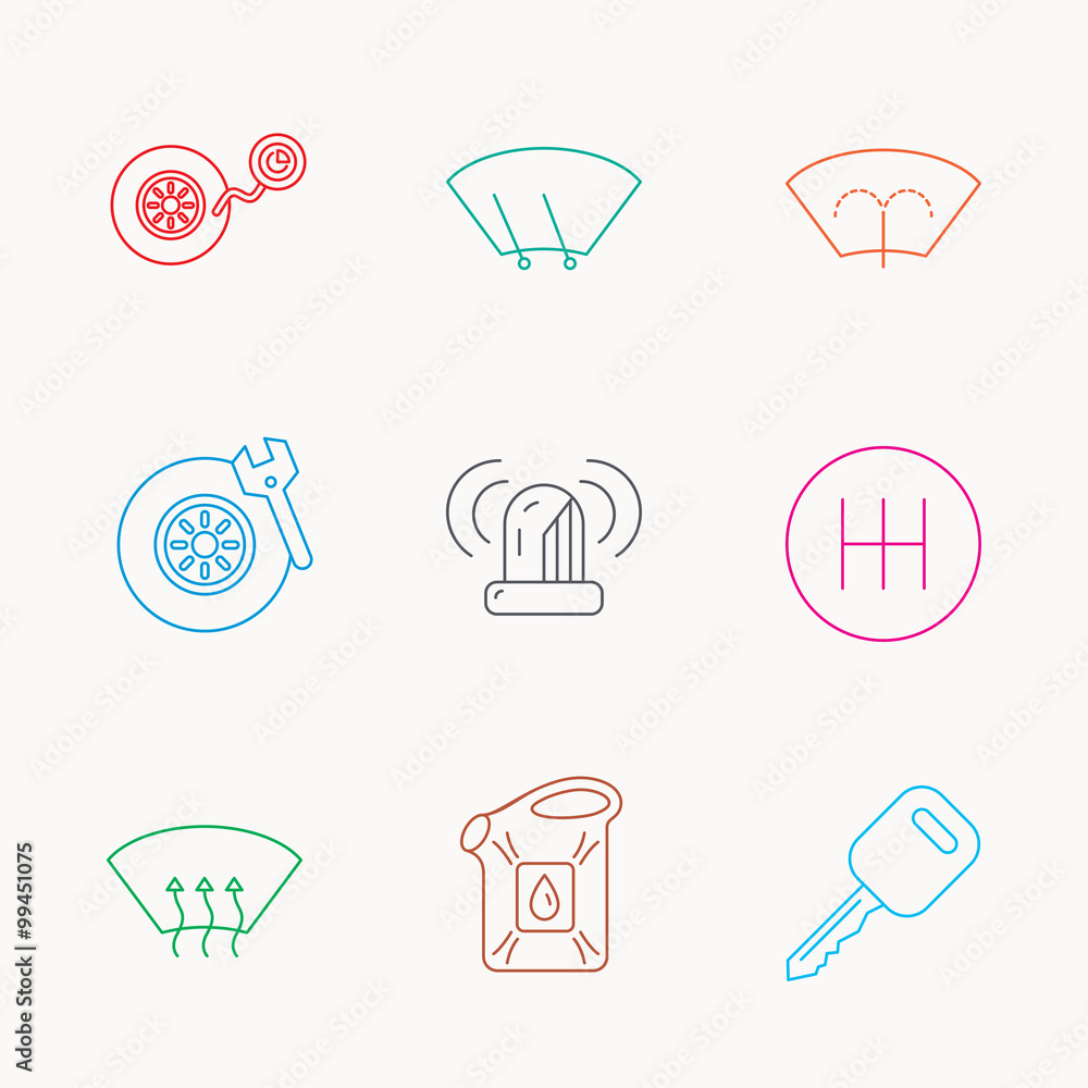 Manual gearbox, tire service and car key icons. Manual gearbox, tire service and car key icons.