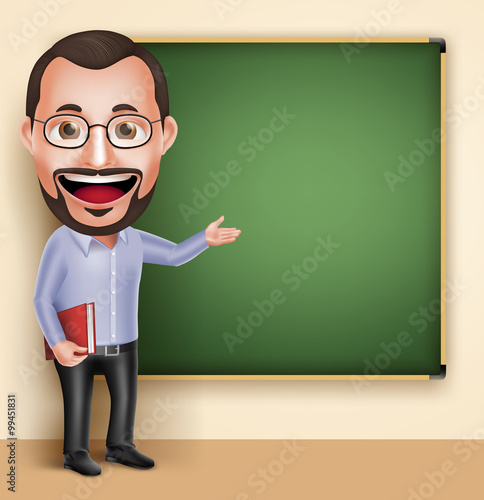 3D Realistic Professional Old Professor Teacher Man Vector Character Speaking or Talking with Blank Blackboard Isolated in White Background. Vector Illustration
