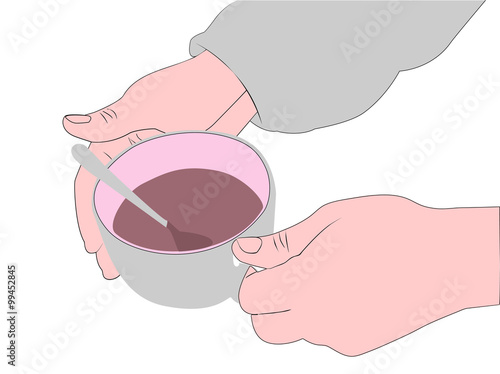 A man tries to keep warm Cup of hot drink.