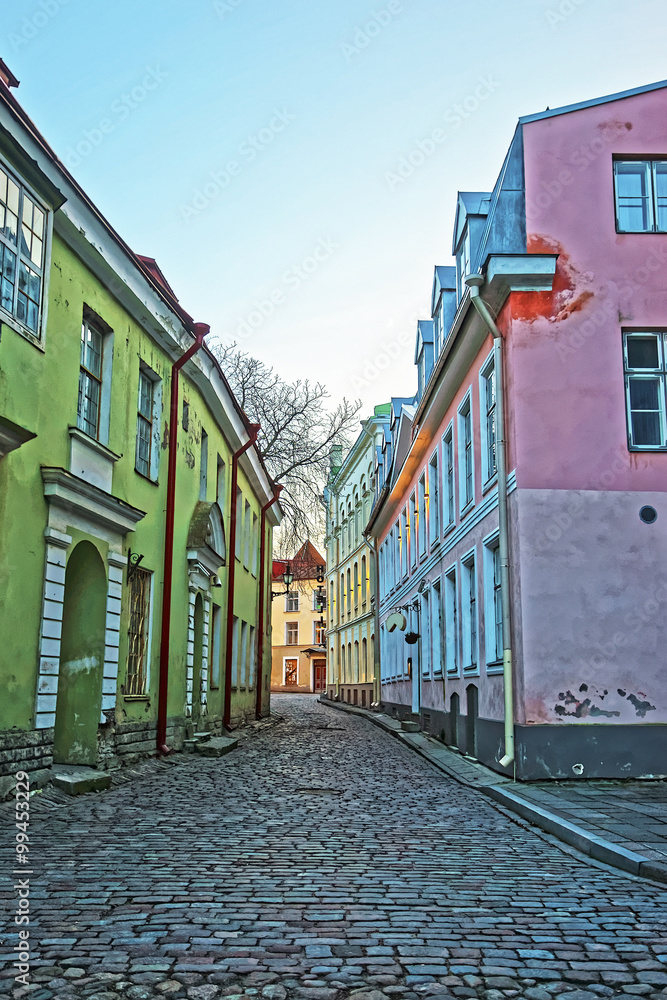 Street view in the Old City of Tallinn in Estonia in the evening