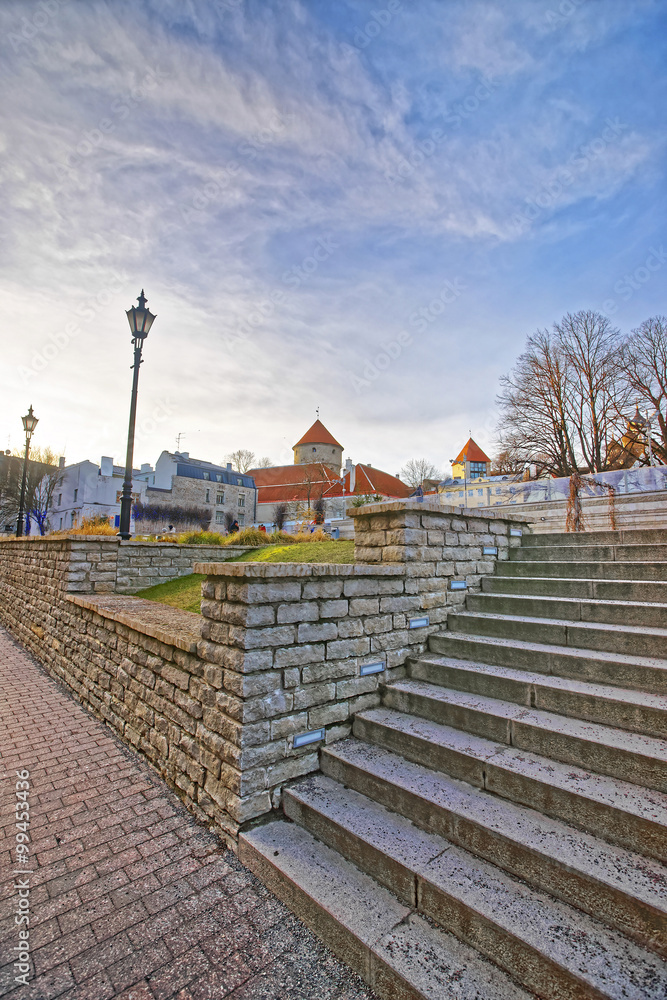 Fototapeta premium Street view of stairs and Tower in the Old city of Tallinn in Estonia