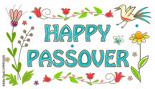 Colorful Passover Sign - Floral banner with happy Passover text in the center. Eps10