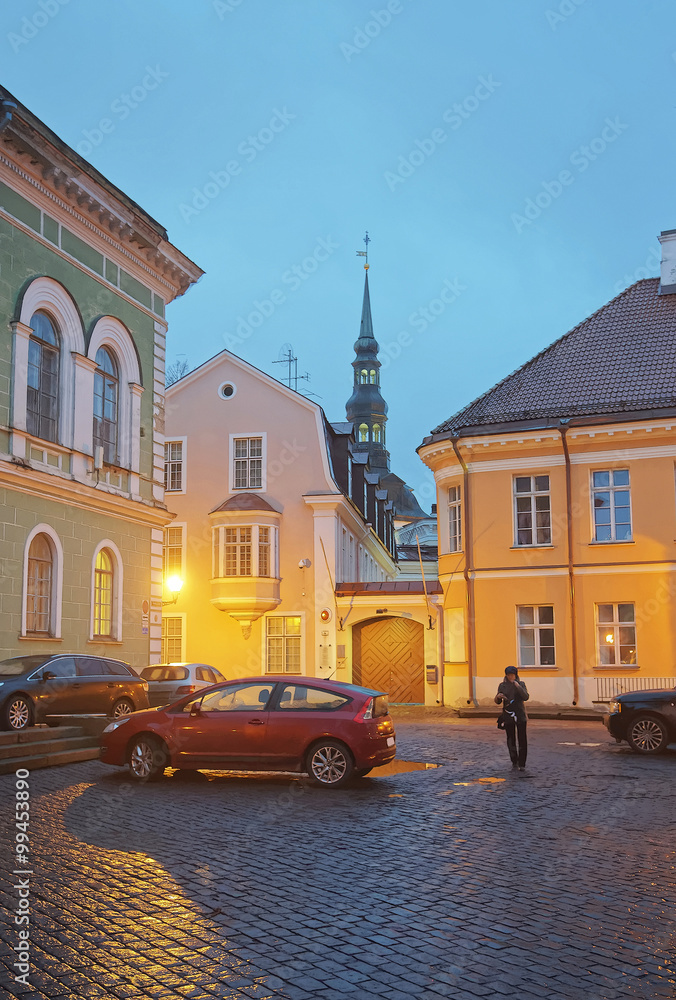 Street view to the spire of Cathedral of St Mary the Virgin or Dome Cathedral, Tallinn