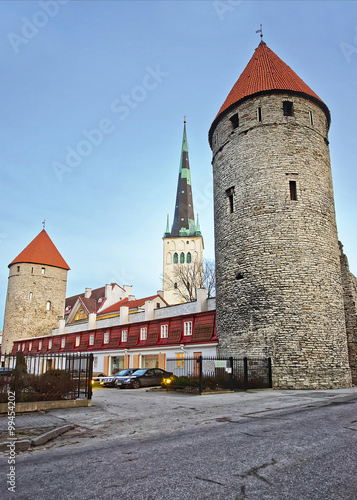 Towers of the city wall and Saint Olaf Church in the Old city of Tallinn