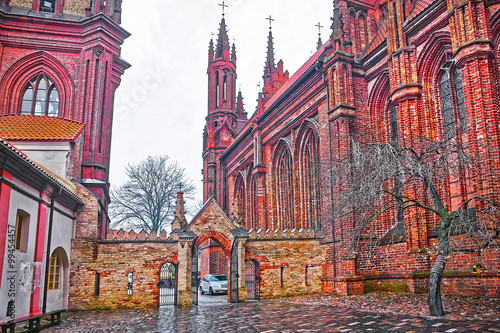 Tree and entrance at Church of St Anna and Church of the Bernardine in Vilnius