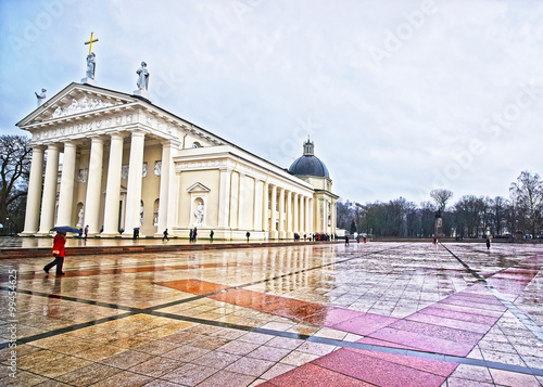 View of the Cathedral square in rainy weather at Christmas in Vilnius