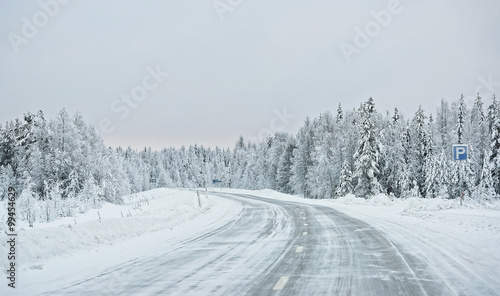 Windy road in Ruka in Finland on the Arctic pole circle