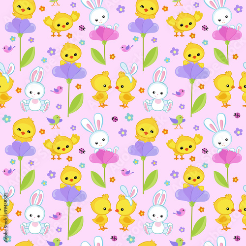 Seamless pattern spring with cute bunny and chicken.
