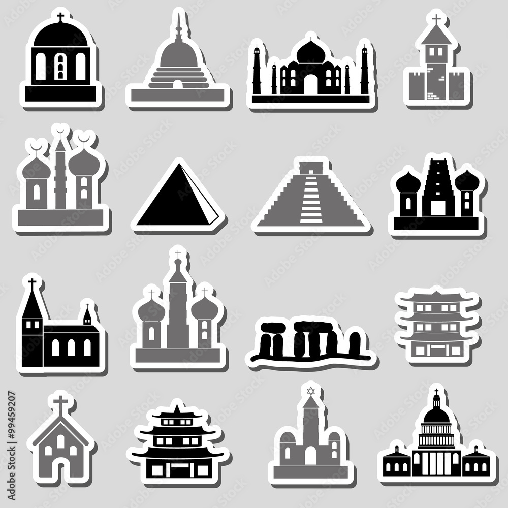 world religions types of temples stickers eps10
