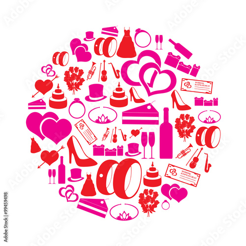 red and pink simple wedding icons in circle eps10