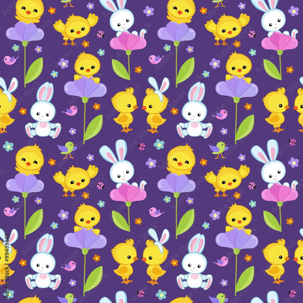 Seamless pattern spring with cute bunny and chicken.