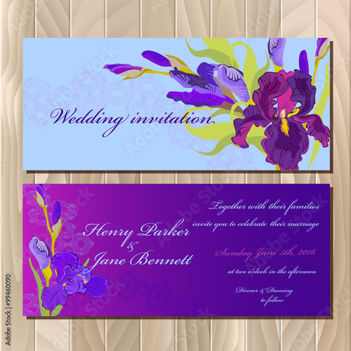 Wedding invitation card with purple iris flower background. Vector illustration