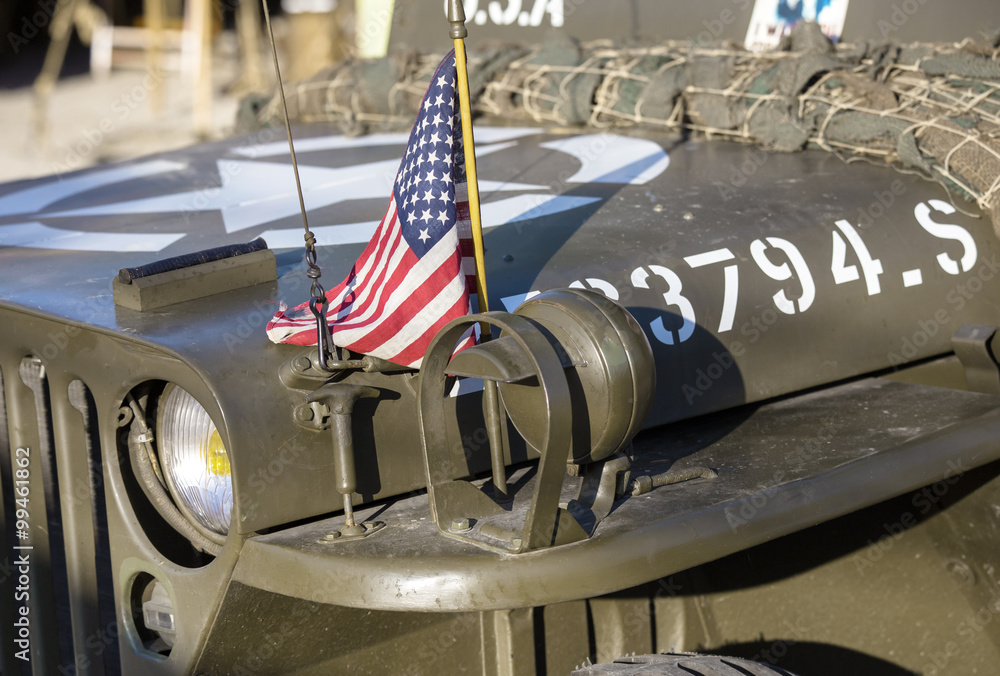 American flag on the hood of a car WWII / closeup of an American
