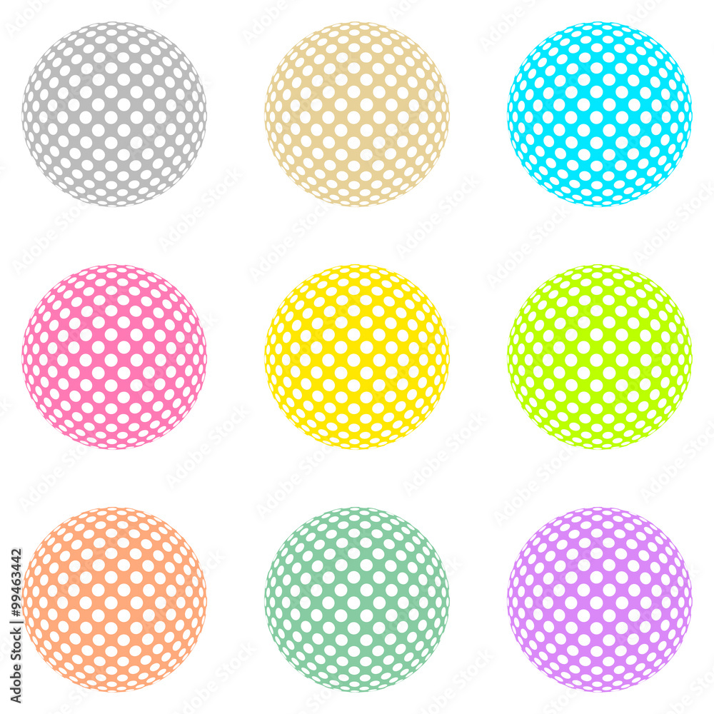 Set of colored balls with white circles on the surface on a white background Set of colored balls with white circles on the surface on a white background