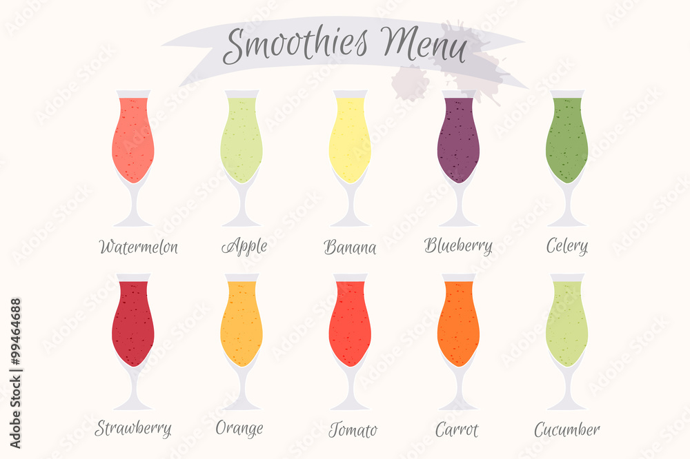 Collection of ten healthy fruit smoothies.