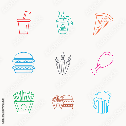 Hamburger, pizza and soft drink icons. Beer.