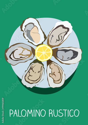 Oysters on a plate with a lemon vector illustration