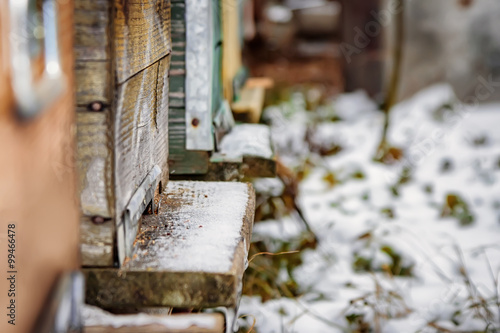 Bee hives in the winter frozen in snow 