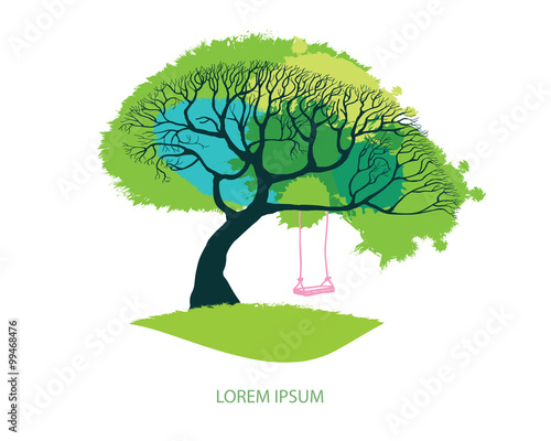 Spring meadow - big tree with fresh green leaves vector illustration. Hand drawn tree with pink swing on branch. Card design with stylized tree -  lawn and foliage as grunge watercolor blotch.