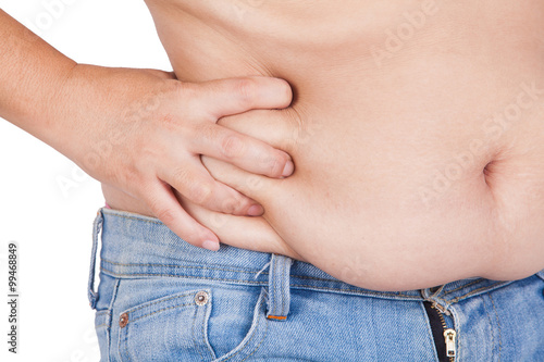 abdominal surface of fat woman on white background