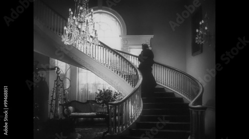Rear view of woman in evening gown walking up grand staircase photo