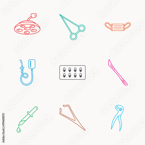 Medical mask, capsules and dental pliers icons.