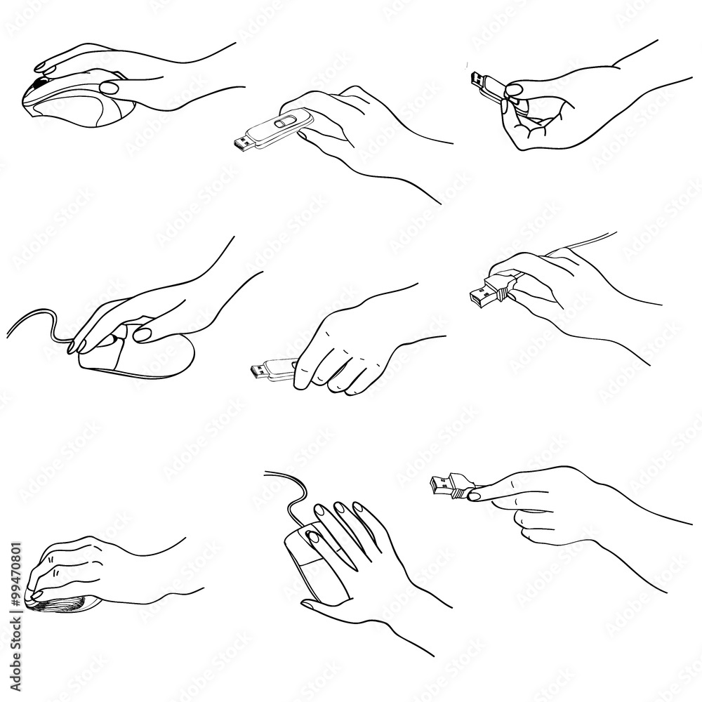 Hands set. Hand holding memory stick, computering mouse, plug. Hands set. Hand holding memory stick, computering mouse, plug.
