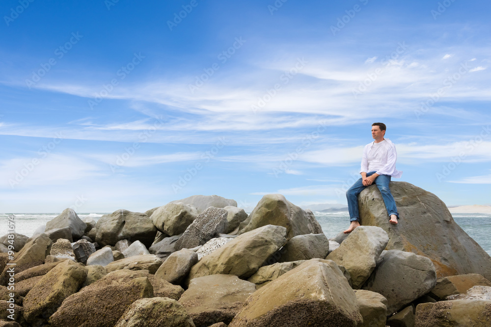 Man Sitting on Rocks