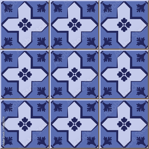 Vintage seamless wall tiles of blue cross geometry  Moroccan  Portuguese.  