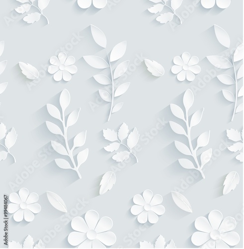 Fototapeta Naklejka Na Ścianę i Meble -  Seamless pattern daisy with leaves on gray background