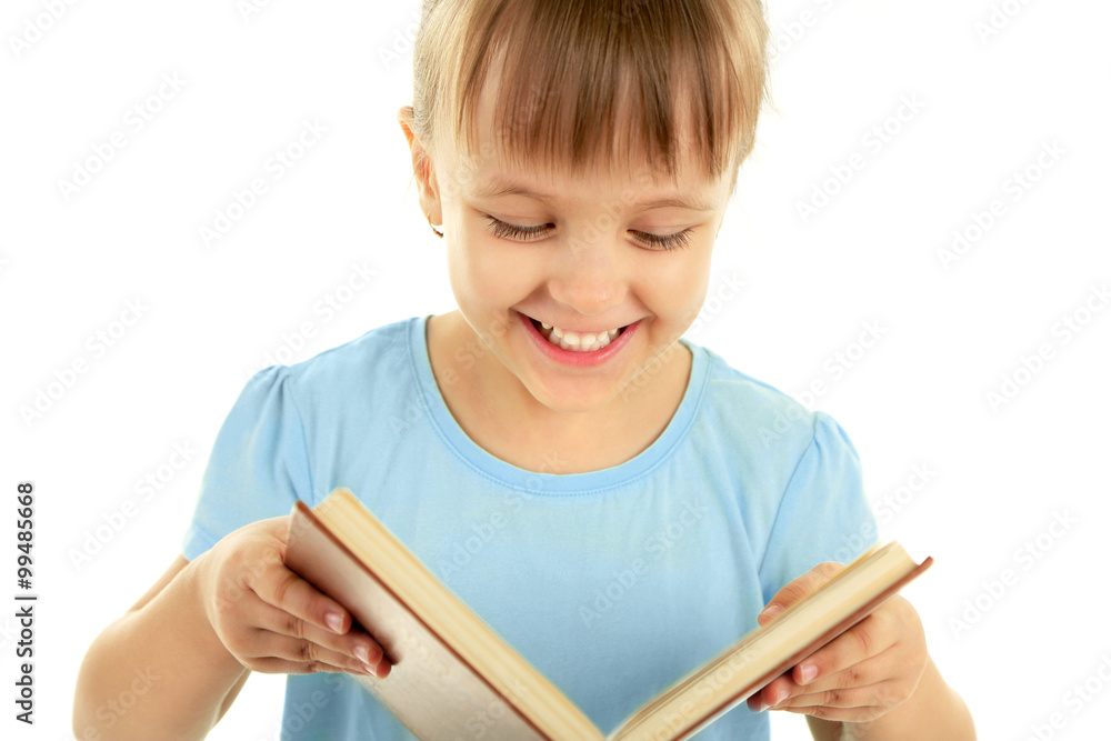 Beautiful little girl with book, isolated on white Beautiful little girl with book, isolated on white