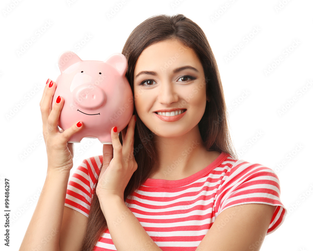 Woman with pig money box and banknotes isolated on white Woman with pig money box and banknotes isolated on white