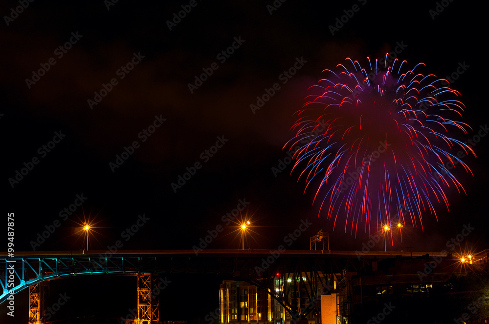 Fireworks over a highway bridge in Cleveland Ohio