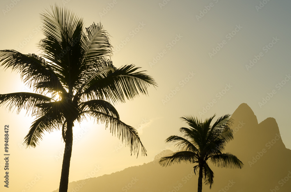 Sunset in Rio de Janeiro Ipanema Beach Brazil with Two Brothers Dois Irmaos Mountain and palm tree silhouettes