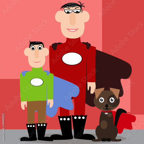 Father, son and their dog dressed as a superhero