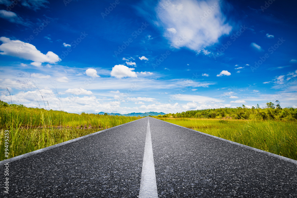 journey concept with long road with green field and blue sky illustration journey concept with long road with green field and blue sky illustration