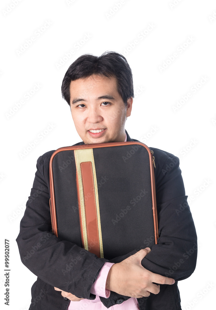 Asian businessman holding briefcase, isolated on white backgroun