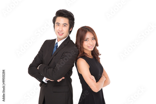 Businessman and businesswoman smiling
