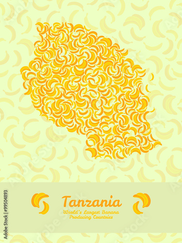 Tanzania map or card. Vegetarian postcard. Map of Tanzania made out of yellow bananas. Fruitarian illustration. Series: World's Largest Banana Producing Countries. Can be used as seamless pattern.