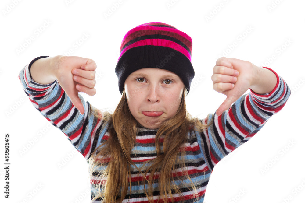 Beautiful girl in colored striped hat and sweater. Beautiful girl in colored striped hat and sweater.