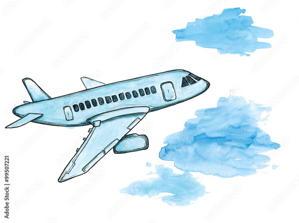 Watercolor cartoon sketch blue airplane in clouds art Stock Illustration | Adobe Stock Watercolor cartoon sketch blue airplane in clouds art Stock Illustration | Adobe Stock